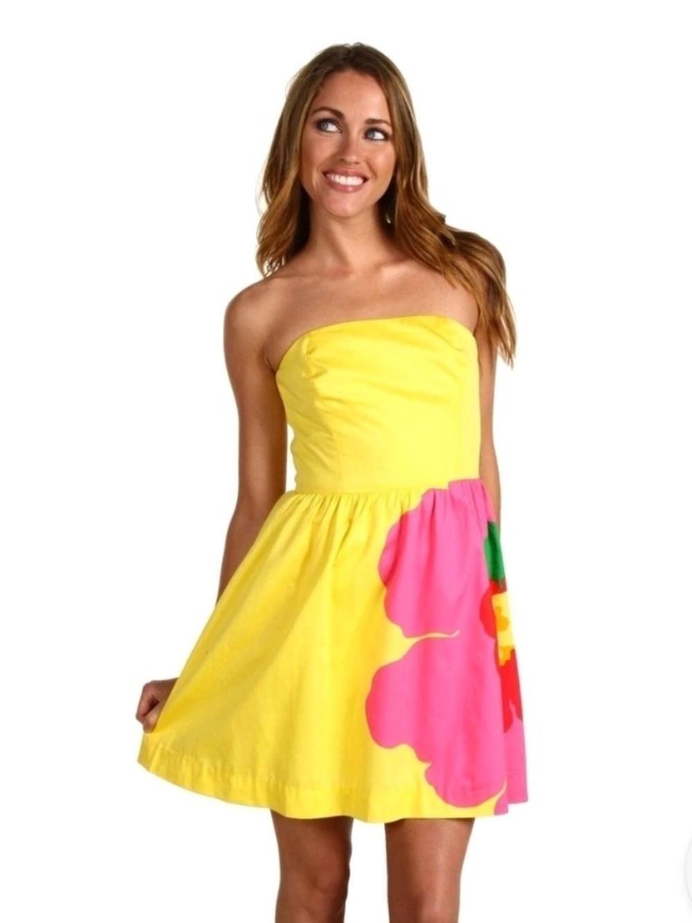 Lilly Pulitzer Yellow Strapless Mini Lottie Dress with Pink Floral